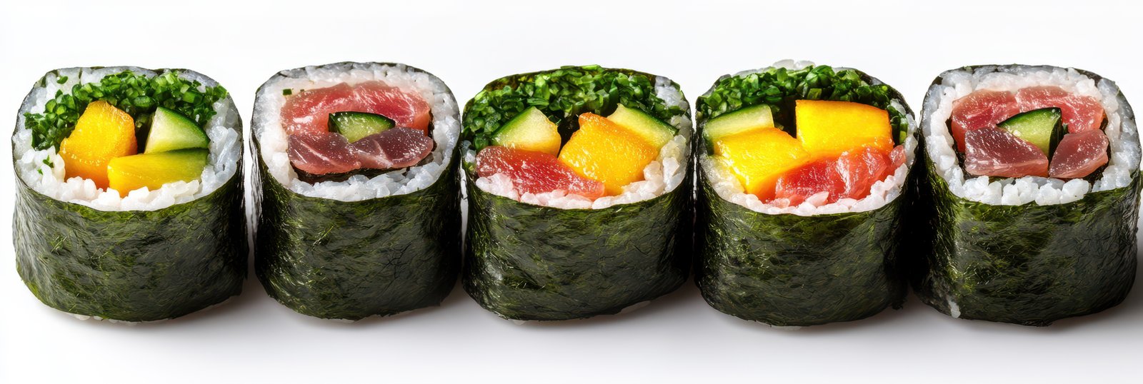 Five delicious sushi rolls feature tuna, mango, avocado, and seaweed